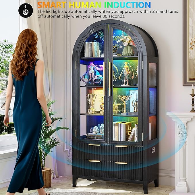 LVSOMT 71" Tall Arched Storage Cabinet with Glass Doors and Drawers, Curio Display Cabinet with Adjustable RGB Light & Human Sensor, 4-Tier China Cabinet for Living Room(Black)