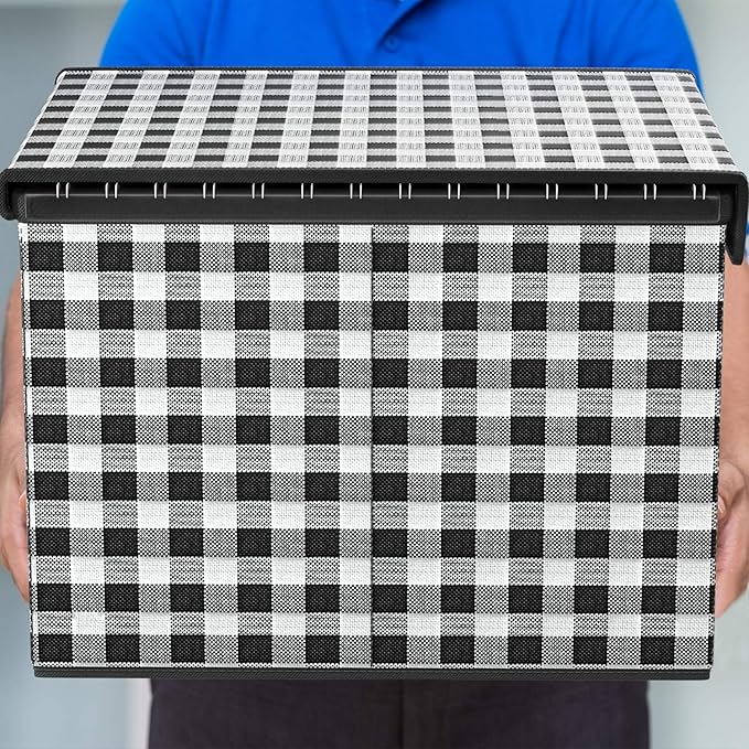 Huolewa File Organizer Box with Lid, Collapsible File Folder Organizer for Office Document Storage, Filing Box with Plastic Slide for Letter Size Hanging File Folders(1 Pack, Black & White Lattice)