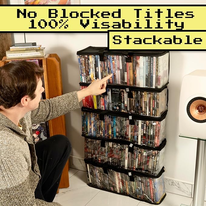 Made Easy Kit Clear View Media Storage Bag for DVDs, VHS & Video Game Cases- Protect Your Collection & Preserve The Quality of Your Cases - Stackable, Space-Saving, Fits 40 (Black DVD, 4-Pack)