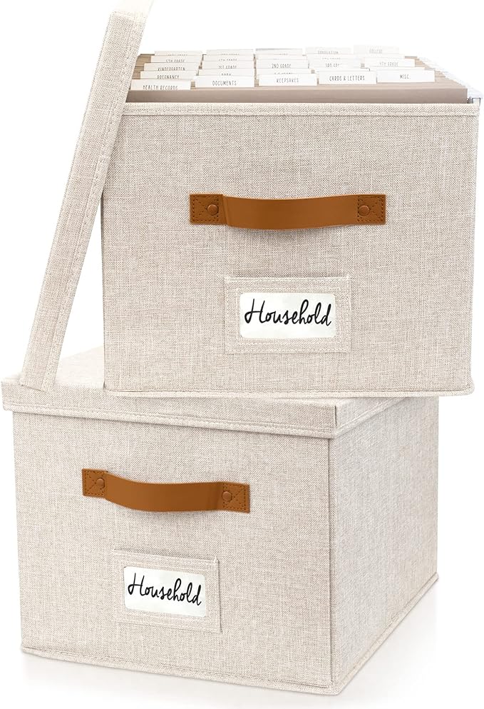 ZICOTO Decorative File Organizer Box Set of 2 - Collapsible Linen Filing Cabinets w/Handles Are Perfect to Store all Your Documents & Hanging File Folders - Portable Easy Slide Crates with Lid