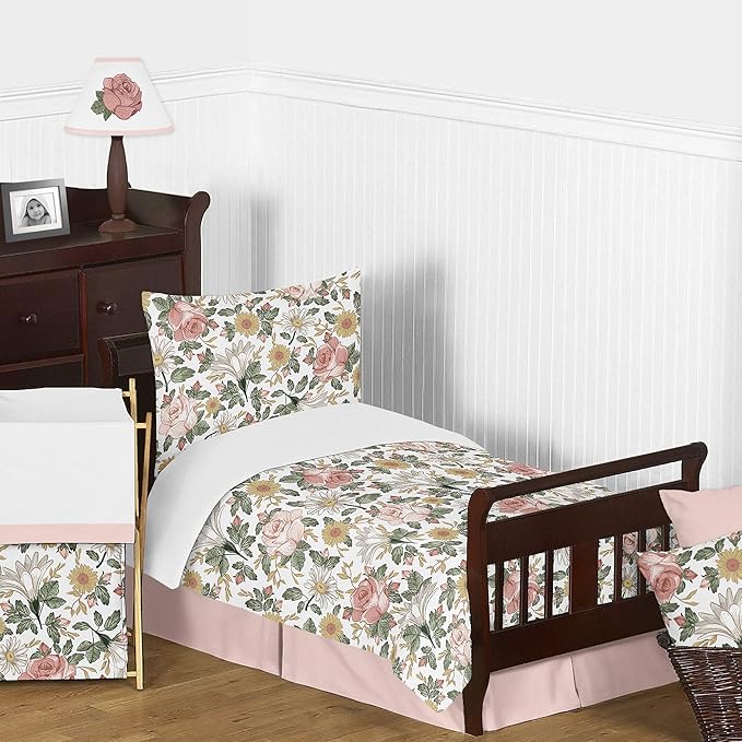 Sweet Jojo Designs Vintage Floral Boho Foldable Fabric Storage Cube Bins Boxes Organizer Toys Kids Baby Childrens - Set of 2 - Blush Pink, Yellow, Green and White Shabby Chic Rose Flower Farmhouse