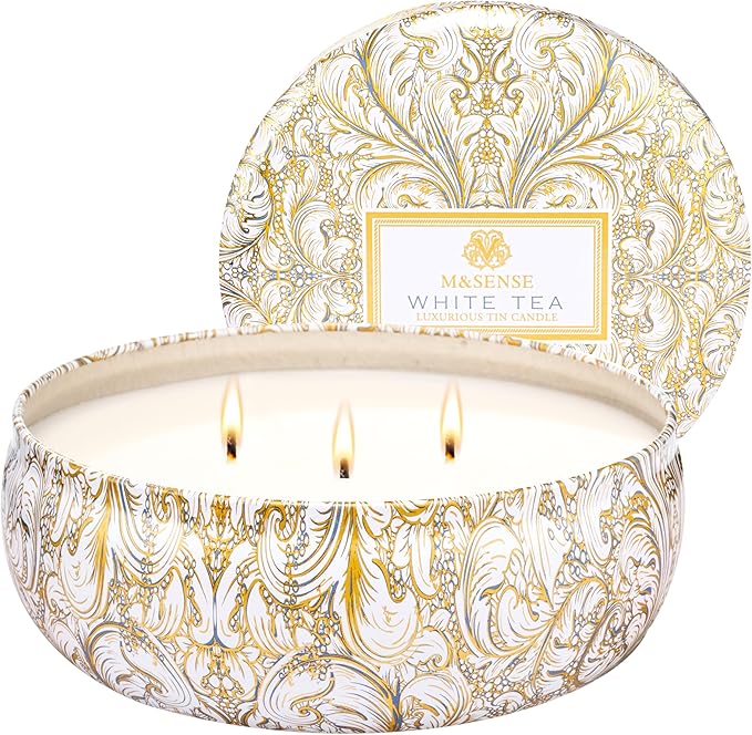 M&SENSE White Tea Scented Candles 12 oz, Large 3 Wick Soy Tin Candle, Over 40 Hour Burning Time, 100% Natural Vegan Wax, Relaxing Aromatherapy Aesthetic Candle Gift for Women Men
