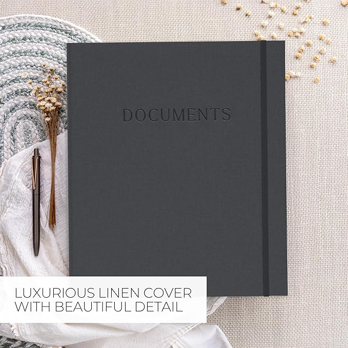 Sturdy Document Organizer Set with Folders - Beautiful Linen 3-Ring Binder Safely Stores All Important Documents & Files in One Place - Easy to Use Expanding Storage Incl. Envelopes, Pockets & Labels