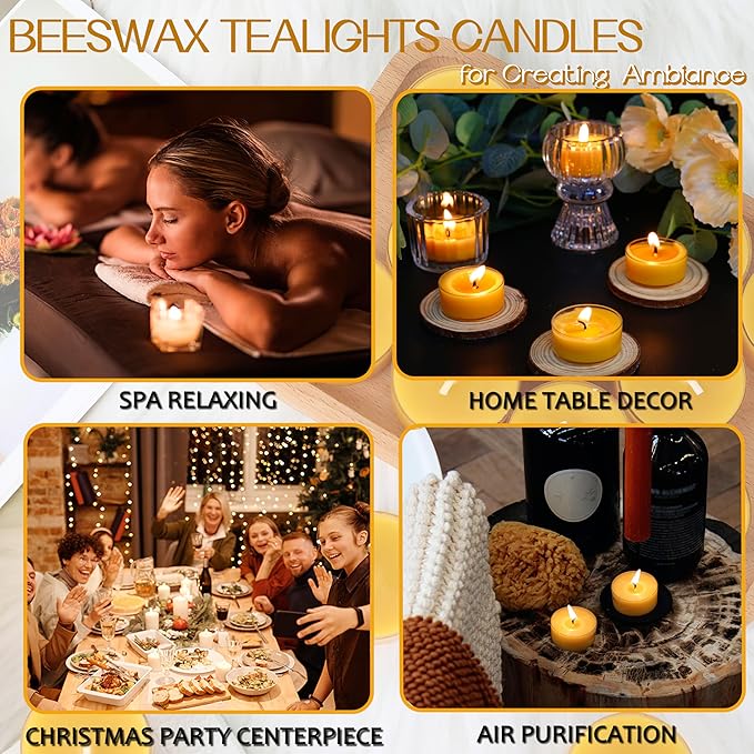 Pure Beeswax Tealight Candles-16 Pack - Handmade Natural Beeswax Tea Candles in Clear Cup | 4 Hour Extended Burn Time | Smokeless Beeswax Candles | for Home Deco, Fragrance, Relax