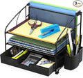 Simple Houseware 3-Tier Desk Organizer with Sliding Drawer, Hanging File Holder and Pen Holder Accessory, Black