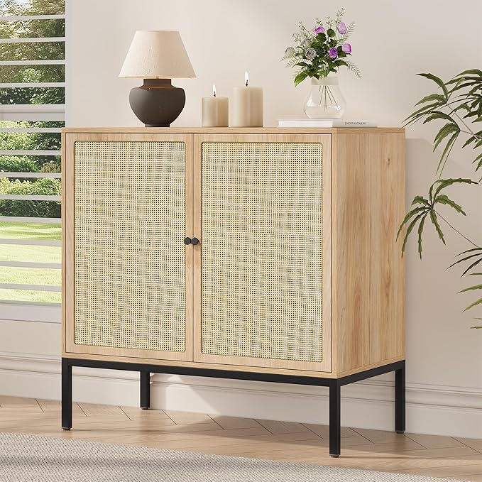 Yechen Set of 3 94.5" Sideboard Cabinet with Natural Rattan Decorated Square Doors, Rattan Cabinet, Accent Buffet Console Storage Credenza, for Living Room Entryway Kitchen, Natural, Metal Legs