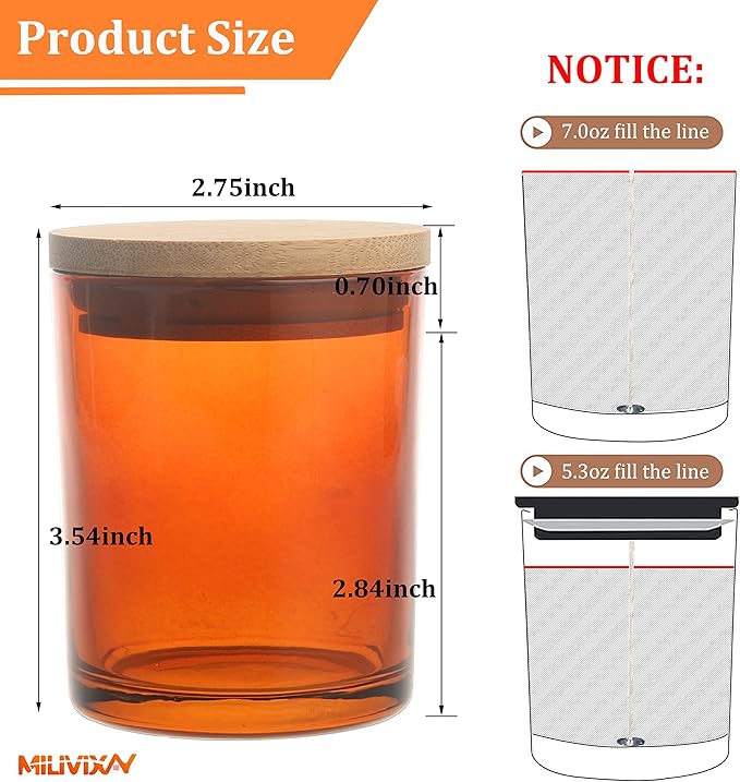 MILIVIXAY 12 Pack 7 OZ Amber Thick Glass Candle Jars with Lids - Bulk Empty Candle Jar for Making Candles - Spice, Powder Containers.