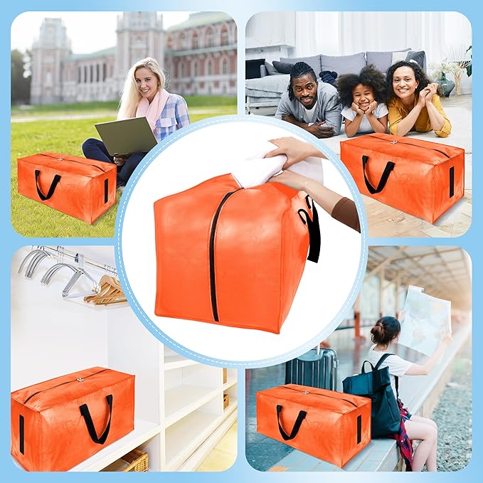 HOMESURE 8 Pack Large Strong Moving Bags with Zippers & Carrying Handles - Water-Resistant - Heavy Duty Storage Tote for Space Saving, Fold Flat, Alternative to Moving Box (Orange)