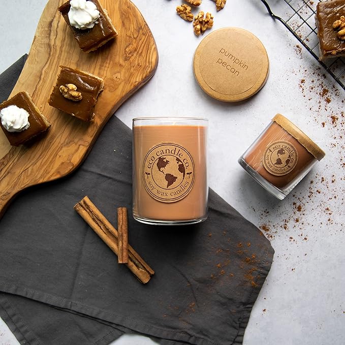 ECO CANDLE CO. Recycled Candle, Pumpkin Pecan, 18 oz. Double Wick - Scents of Pumpkin, Pecans, & Maple Syrup - 100% Soy Wax, No Lead, Kraft Paper Label & Lid, Hand Poured, Midwest Grown Soybeans