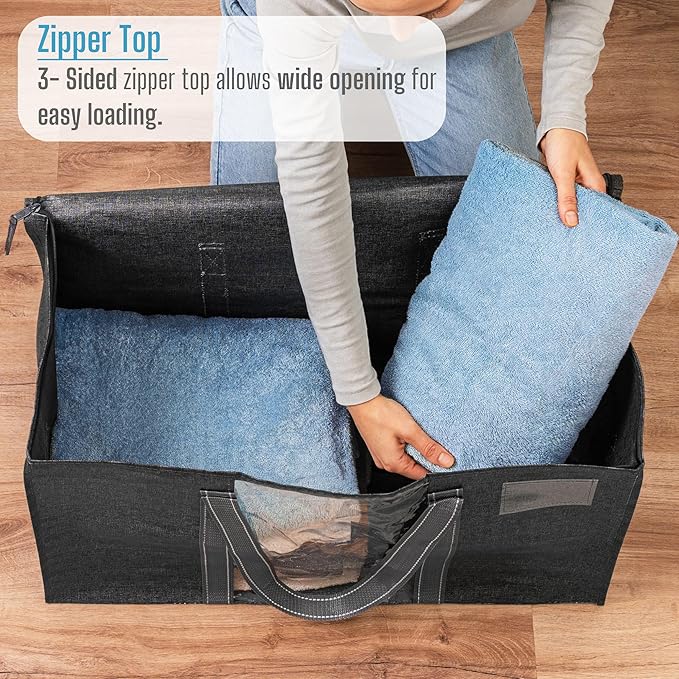 VENO 2 Pack Moving Bags with Clear Window, Heavy Duty Storage Bins with Lid, Around Handles, Tag, Zippers, Extra Large Totes Packing Moving Boxes Supplies for College Dorm Clothes (Dark Gray)