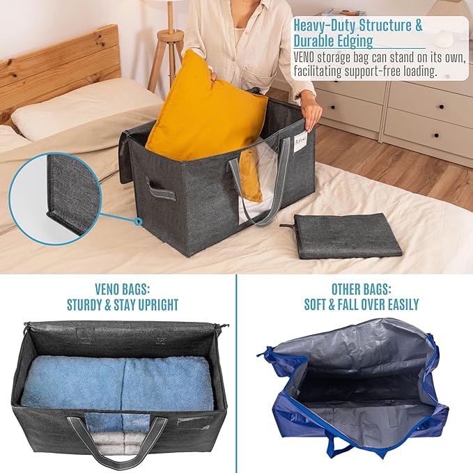 VENO 6 Pack Heavy Duty Moving Bags, Clothes and Comforter Storage Bags with Clear Window, College Dorm Essentials Packing Supplies, Foldable Boxes Alternative (Gray, 6 Pack)