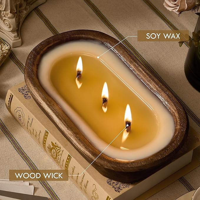 Woodronic 3 Wick Dough Bowl Candle, Vanilla Scented Candle with Brown Wooden Bowl, 10 Inch Large Soy Wax Candle for Home Decor, Living Room, Bedroom, Christmas Gifts for Men & Women