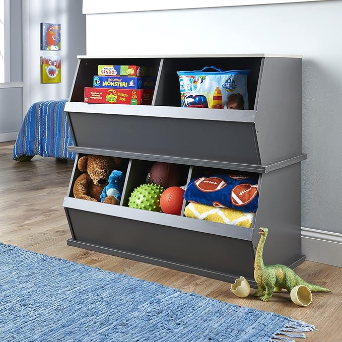 Badger Basket Three Bin Stackable Toy Storage Cubby Organizer for Kids, Playroom, Nursery, or Bedroom – Durable Wooden Design with Open Front Bins for Books, Toys & More – Charcoal/Light Gray