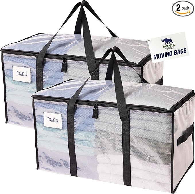 RUGGED RHINO Heavy Duty Extra Large Moving Bags, Durable Bag with Strong Handles and Zipper, Moving Boxes Alternative for College Packing, Holiday Décor, Space Saving Storage with Label, 2 Pack Clear