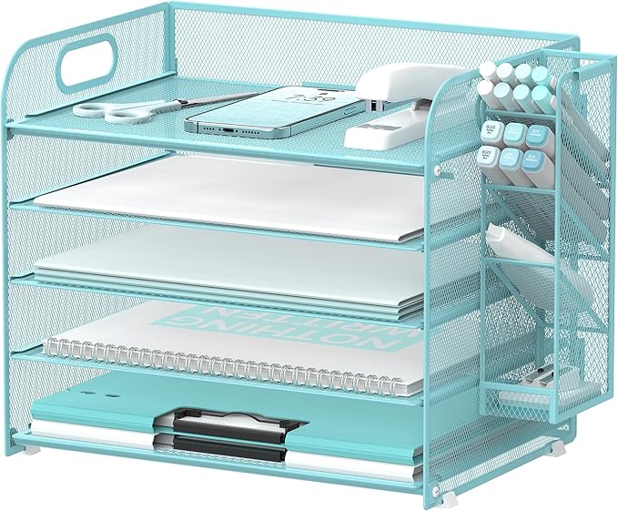 SUPEASY 5 Tier Desk Organizer with Handle & Removable Pen Holders, Mesh Paper/File Organizer for Desk, Paper Letter Tray Organizer for Office Supplies (Blue)
