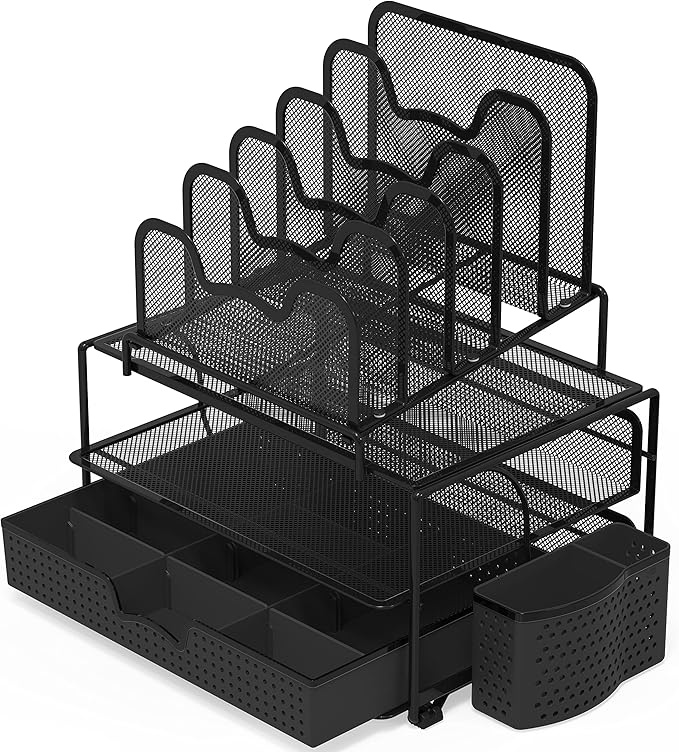 Simple Houseware Mesh Desk Organizer with Sliding Drawer, Double Tray and 5 Stacking Sorter Sections, Black