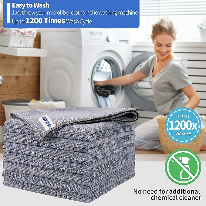 HOMERHYME Microfiber Cleaning Cloth, Premium 8 Pack Cleaning Towels, Lint-Free Streak-Free Ultra Absorbent, 300GSM Reusable Microfiber Towel for Cars Shop Garage Home Kitchen, 12.6" x 12.6" Grey