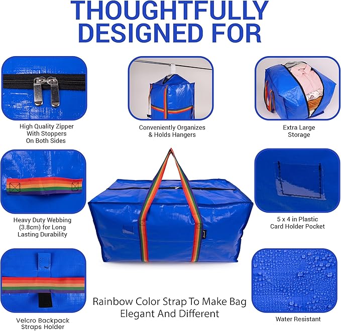Strong180gsm Extra Large Moving Bags, Premium quality, Zipper Clothing Storage Tote, Three Carrying reinforced Handles, Versatile for Dorm, Packing, Storing, Organizing, Clothes, Blankets, Toys.