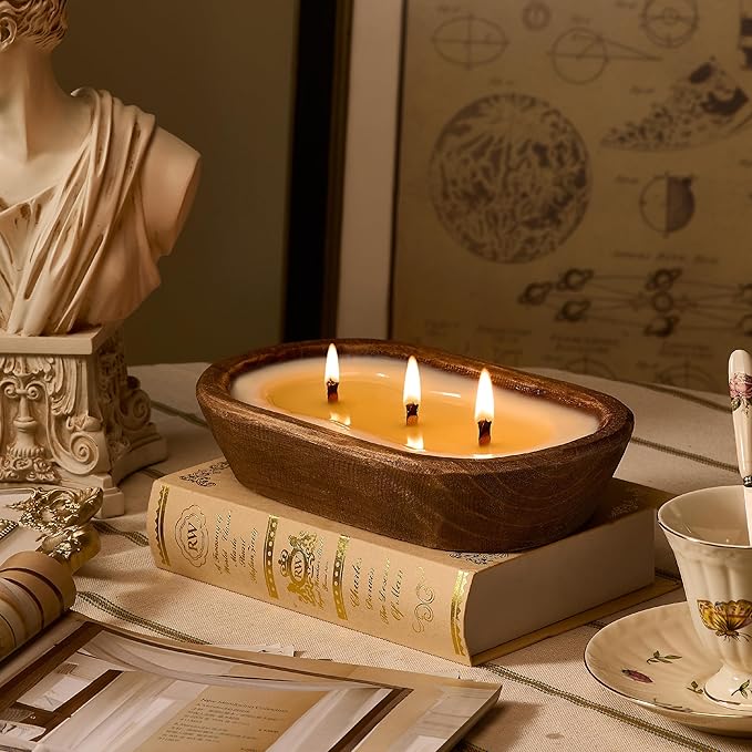 Woodronic 3 Wick Dough Bowl Candle, Vanilla Scented Candle with Brown Wooden Bowl, 10 Inch Large Soy Wax Candle for Home Decor, Living Room, Bedroom, Christmas Gifts for Men & Women