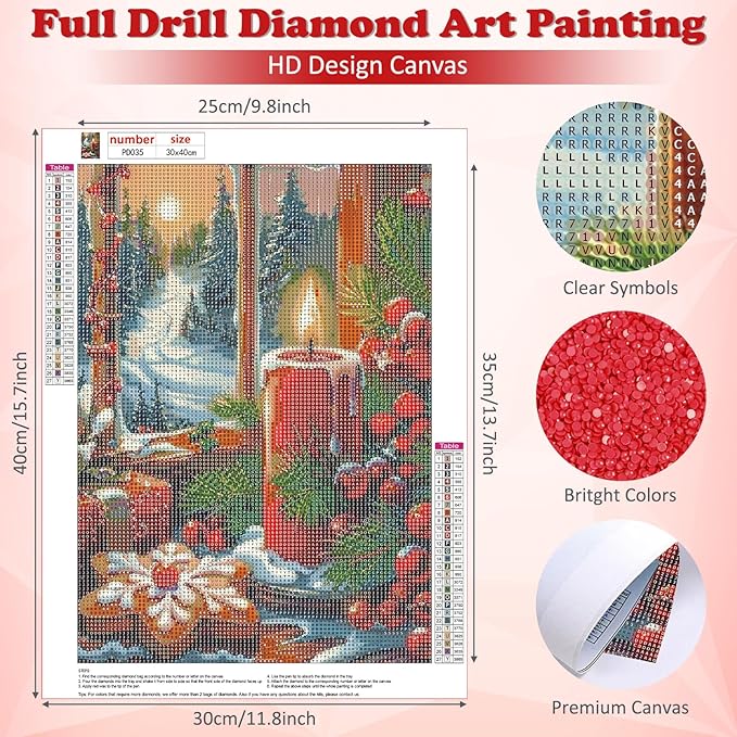 DOMROM Christmas Diamond Painting Kits, Candles 5D Diamond Art Kits,Gem Art Painting with Diamonds Dots, Arts and Crafts for Beginners Adult Wall Decor 12 x 16inch
