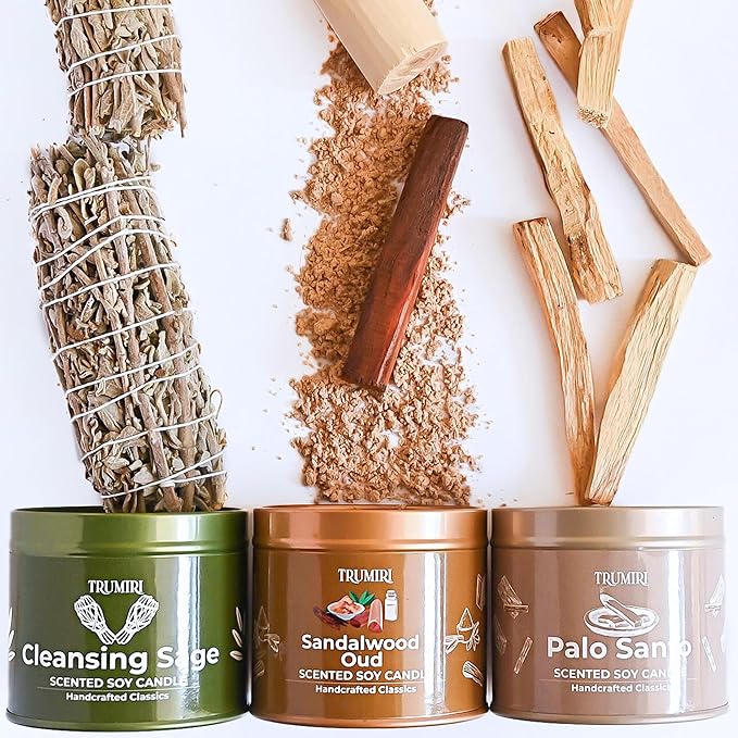 Cleansing Sage, Palo Santo, Sandalwood Oud - Soy Candles Non Toxic - Highly Scented Long Lasting with Essential Oils - Variety Pack of 3 x 5oz - for Home Aromatherapy Meditation Gift Travel