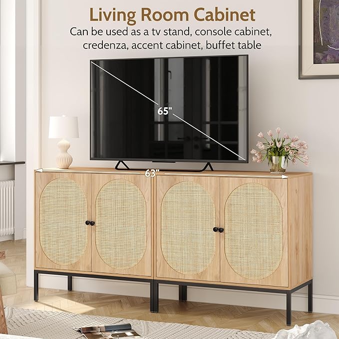 Yechen Set of 2 63" Sideboard Cabinet with Natural Rattan Hand-Woven Doors, Rattan Cabinet, Accent Buffet Storage Console Cane Credenza, for Living Room Entryway, Metal Legs/Natural
