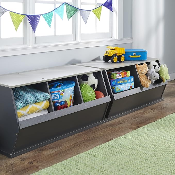 Badger Basket Three Bin Stackable Toy Storage Cubby Organizer for Kids, Playroom, Nursery, or Bedroom – Durable Wooden Design with Open Front Bins for Books, Toys & More – Charcoal/Light Gray