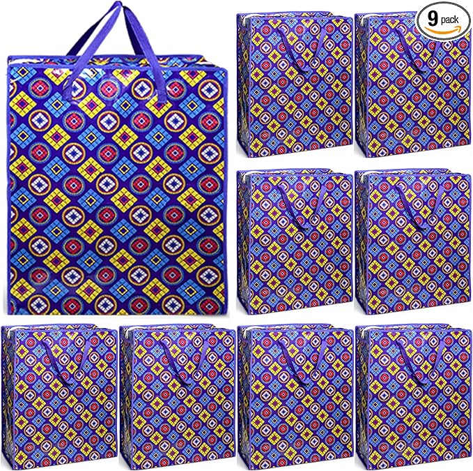 ZAVOOS 9 Pieces Extra Large Moving Bags, 90 L Heavy Duty Storage Tote with Zipper Carrying Handle, Plastic Laundry Clothes Packing Bags for Space Saving, Traveling, College Supplies