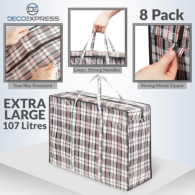 8 Pack Heavy Duty Moving Bags with Strong Zipper & Carrying Handles, 107L/ 28 gal Large Durable Clothes Storage Totes, 88 lbs Packing Moving Boxes, Closet Organizers and Storage (29.9x23.2x29.4 IN)